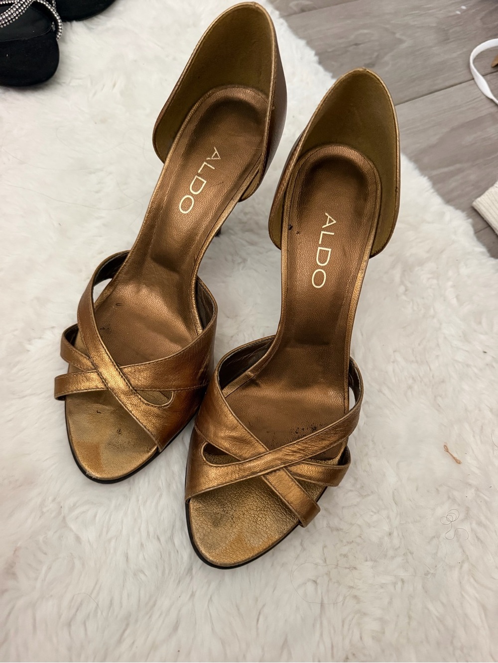 ALDO Metallic Bronze Cross-Strap Open Toe Heels